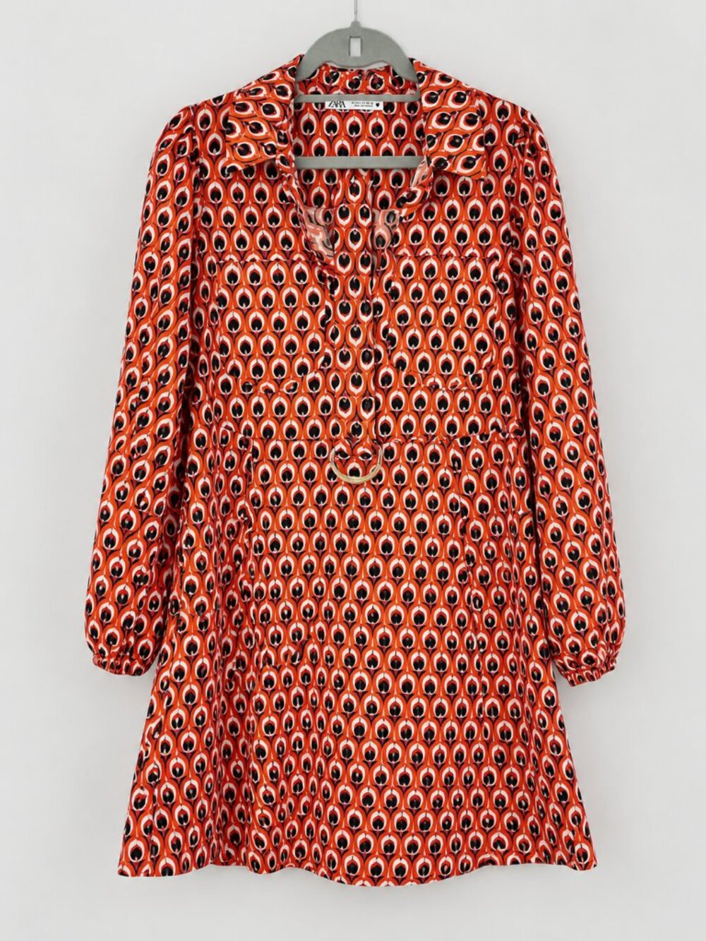 Zara Orange Red Geometric Print Long Collared Shirt